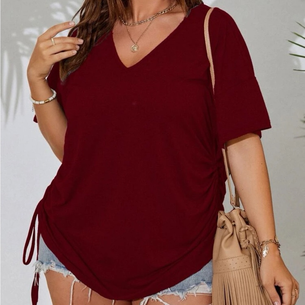Burgundy Plus size Solid Drawstring Side Drop Shoulder Tee
